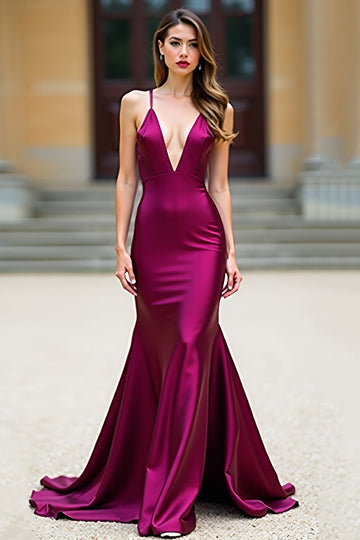 Robe de bal longue en satin sirène sirène violet foncé